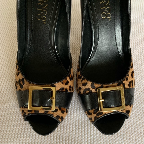 Franco Sarto Black Animal Print Peep Toe Heels - Picture 4 of 8